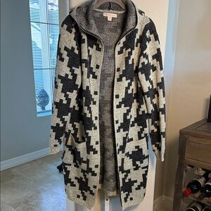 Monteau Black and White Knit Cardigan Sweater with Hood